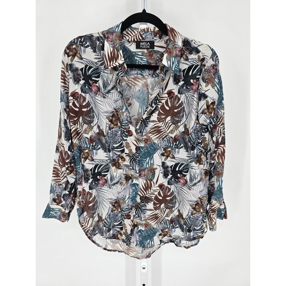 Mela Purdie womens Sz S 100% Silk Long Sleeve Blouse Blue Brown Floral Print